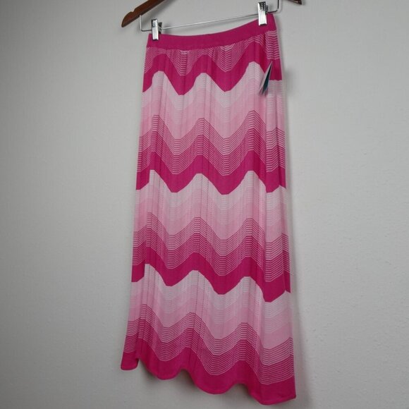 Ming Wang Midi Pencil Skirt Size 2XS Pink Chevron Knit Scalloped Hem Lined - Picture 4 of 10